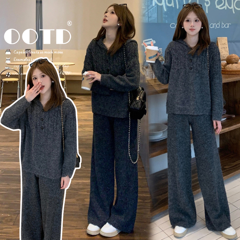 秋冬新品麻花软糯时尚毛衣休闲款连帽阔腿裤时尚套装