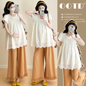 韩版 新款 时尚 重工刺绣上衣 套装 孕妇抽绳裤 2026夏季