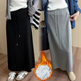 现孕妇慵懒风抽绳垂坠感开叉秋冬季 半身裙加绒韩系显瘦包臀长裙