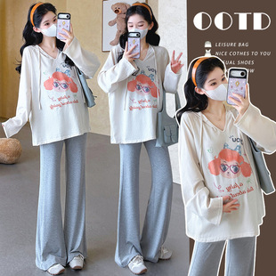 现~孕妇装春夏新款防晒衫宽松连帽印花上衣大码T恤微喇裤套装