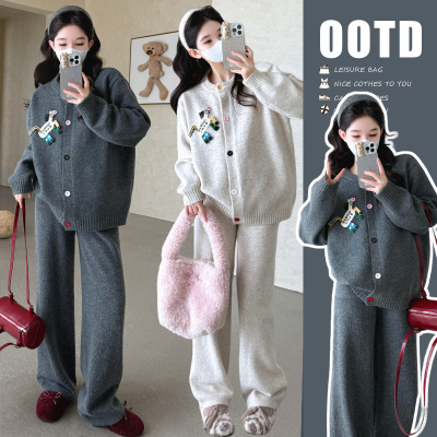~2025秋冬裤子套装慵懒风简约木马加厚毛衣上衣+阔腿裤两件套