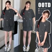 裙裤 托腹半身裙套装 一体 可爱狗狗刺绣圆领休闲T恤 現货