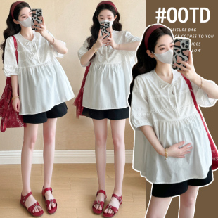 托腹短裤 蝴蝶结系带上衣 孕妇夏洗水棉蕾丝拼接娃娃衫 现