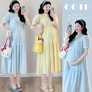 孕妇装小清新宽松版法式泡泡袖长款连衣裙
