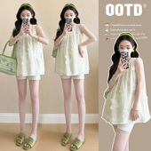 新款 托腹短裤 时尚 高级感刺绣蝴蝶结雪纺衫 两件套 套装 孕妇夏装