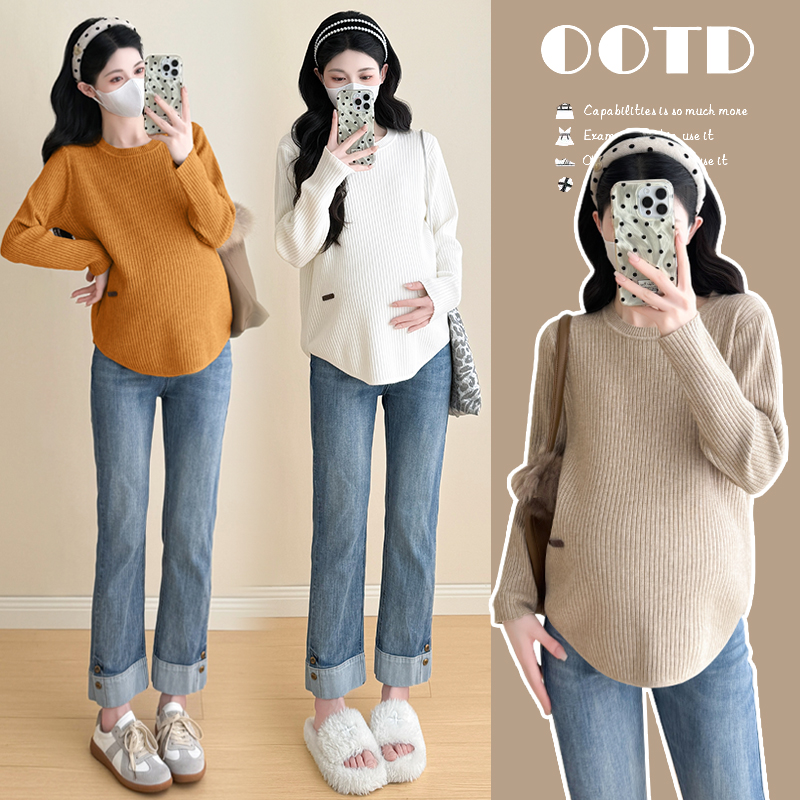 新款孕妇装针织圆领毛衣秋冬季百搭打底衫孕妇上衣产后哺乳衫