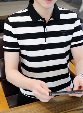 黑白色宽条纹短袖t恤男夏季成熟稳重美式纯棉polo衫有带领上衣服