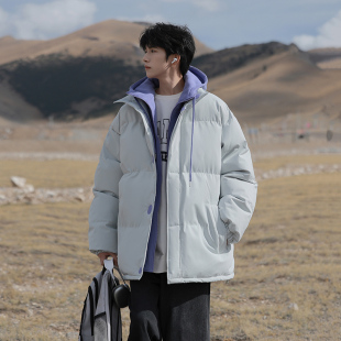 冬季男生连帽棉服加厚棉衣韩版宽松潮流假两件外套胖子款羽绒棉袄