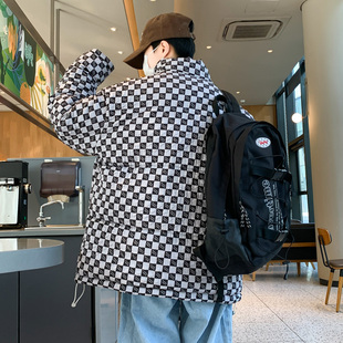 潮牌撞色棋盘格子羽线棉服男2023新款冬季立领棉袄加厚外套帅棉衣