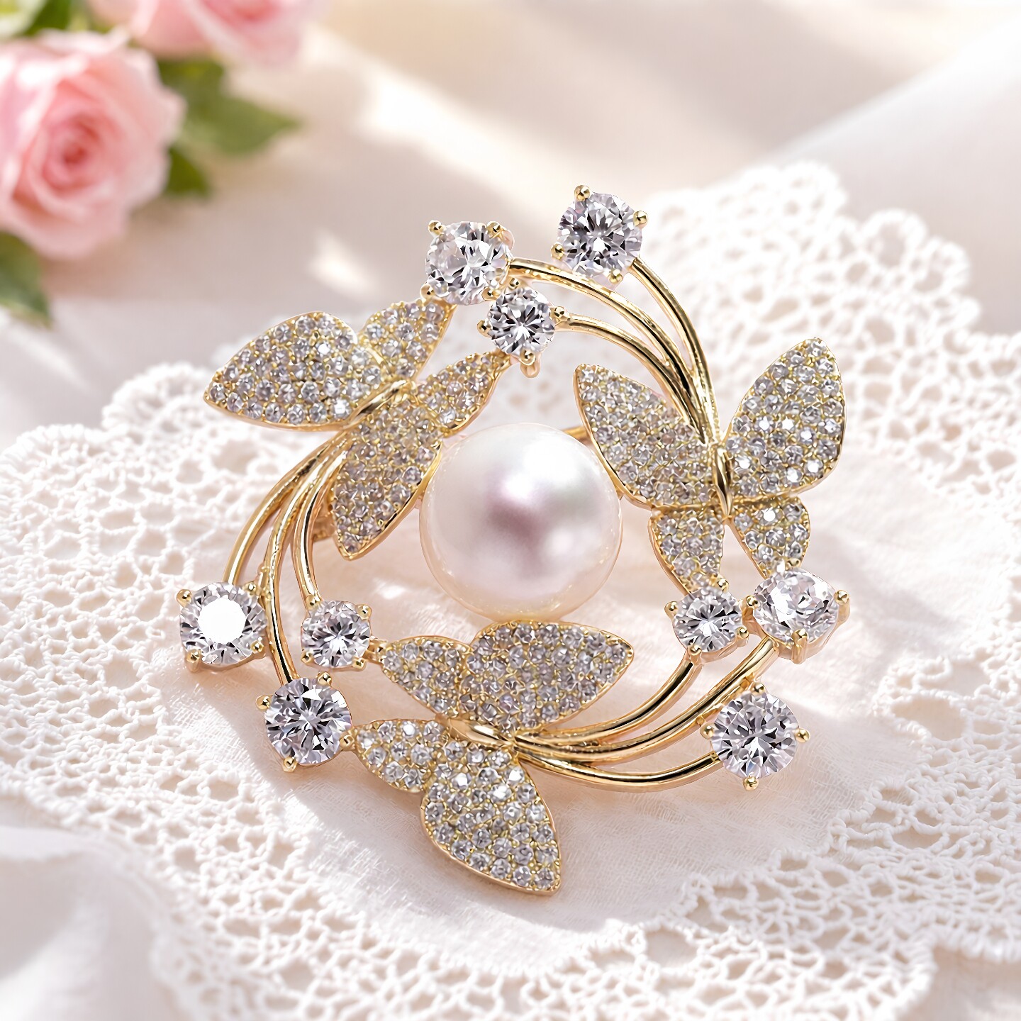 金色蝴蝶花环珍珠胸针衣服防走光