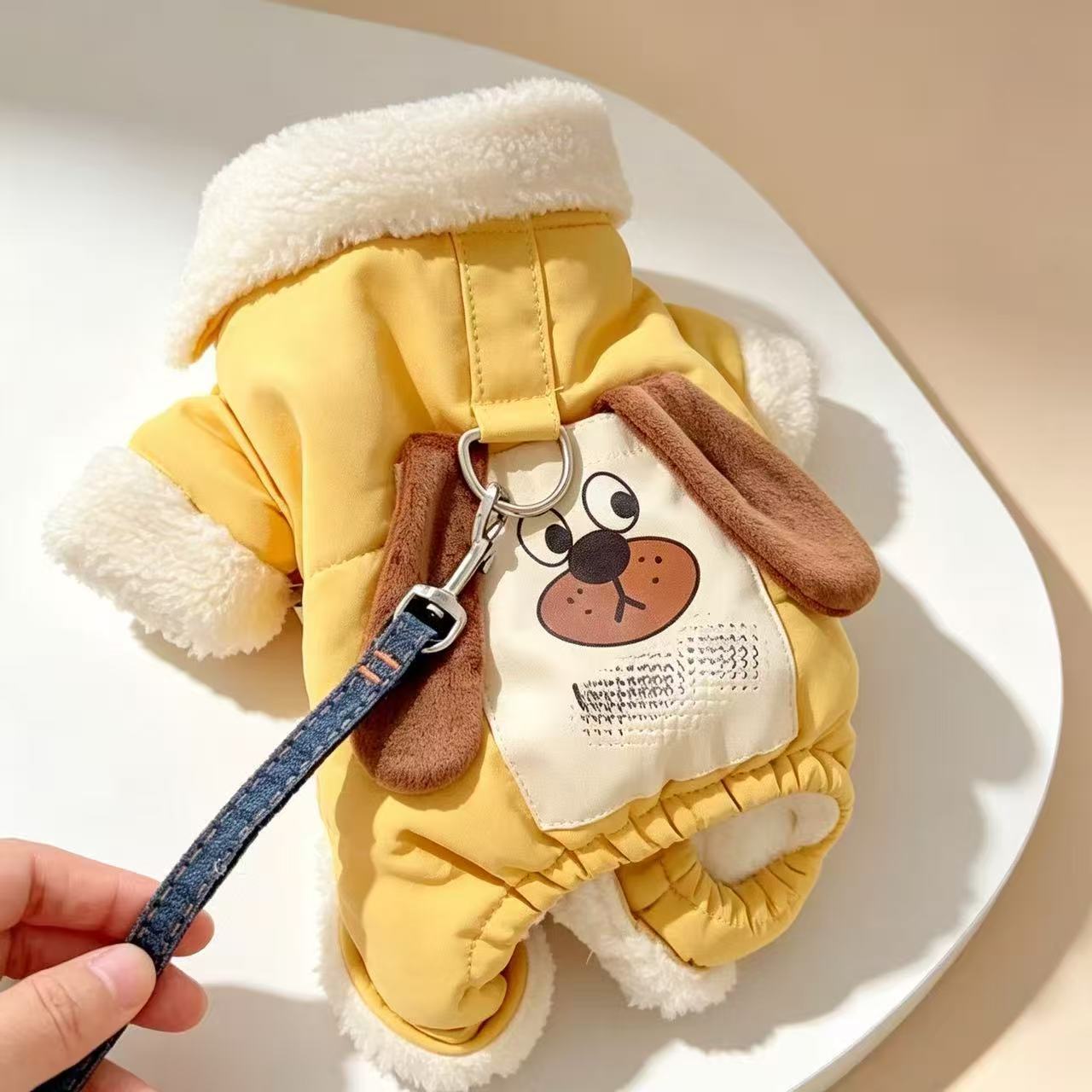 带牵引扣的遛狗衣服比熊贵宾吉娃娃冬季小熊头棉衣宠物狗狗四脚衣
