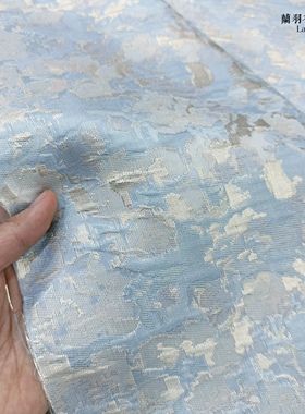 限时特价春款淡天蓝色平版亮银丝碎花面料服装设计布