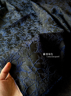 蓝光亮丝黑色底浮雕肌理提花布料创意国风旗袍套装高端设计师面料