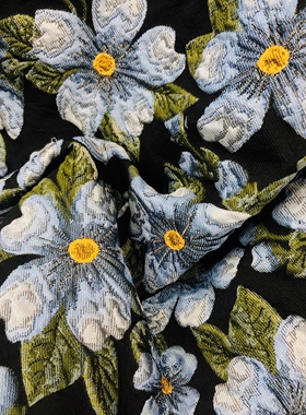 田园清新 ins风黑底蓝色花朵提花面料连衣裙外套春夏服装布料diy