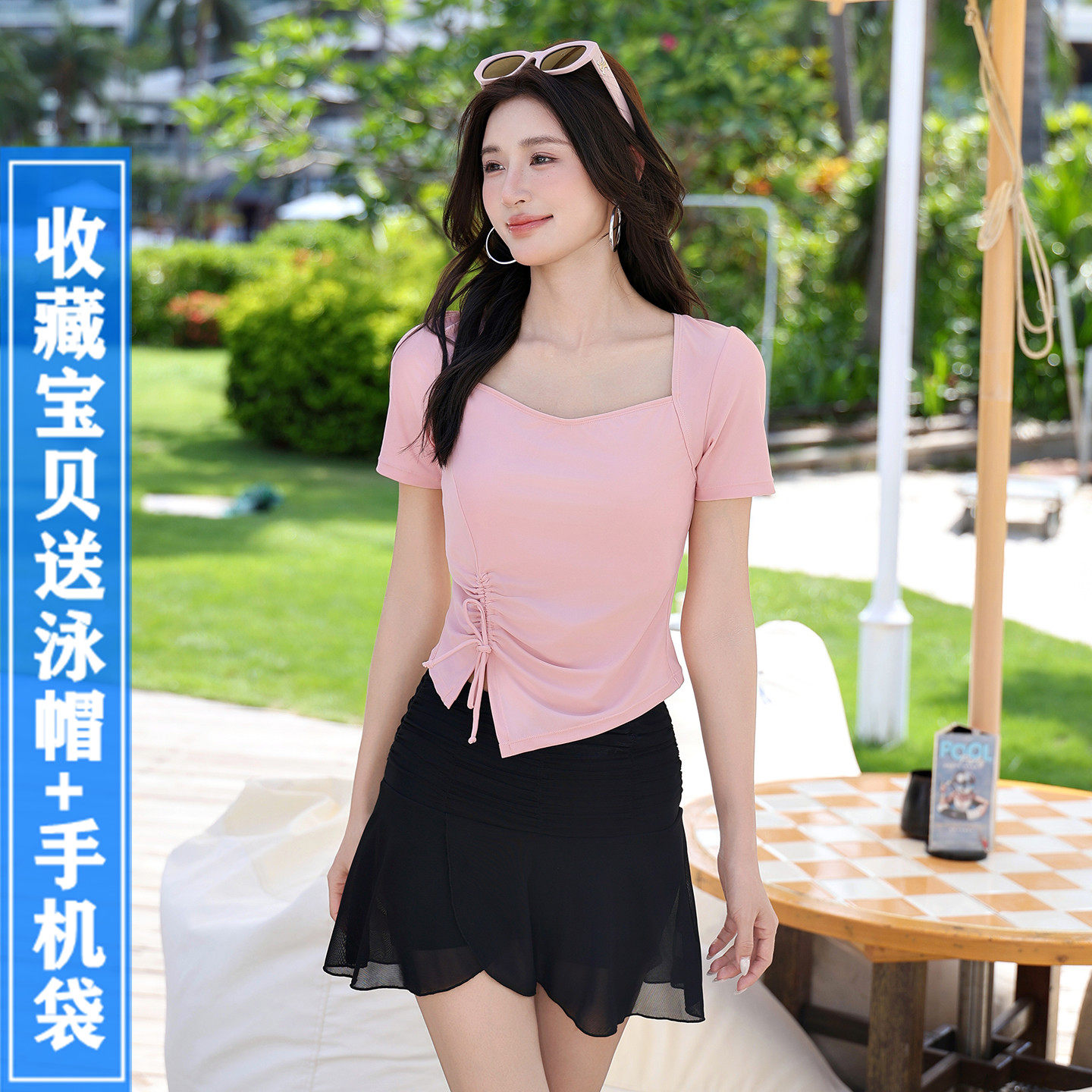 日系甜美保守短袖裙式分体泳衣女