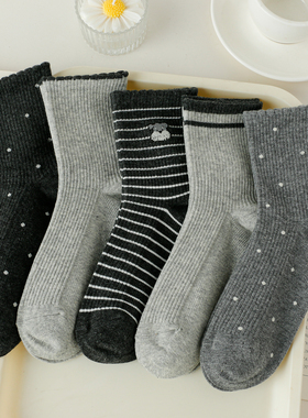春秋灰色袜子女中筒袜棉袜可爱条纹波点韩版学院风秋冬运动百搭