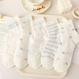 超薄白色袜子女中筒袜夏季 透气小花精梳棉袜芭蕾风公主袜 网眼薄款