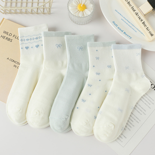 白色袜子女中筒袜春秋纯棉蓝色蝴蝶结秋冬韩版 学院风女生外穿百搭