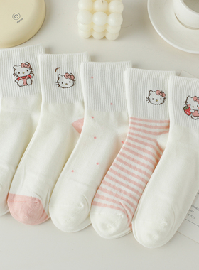 春秋白色袜子女中筒袜纯棉卡通可爱猫咪秋冬韩版运动少女百搭外穿