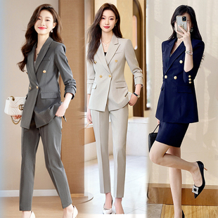高端灰色西装外套女显瘦职业装套装正装教师面试地产工作服加大码