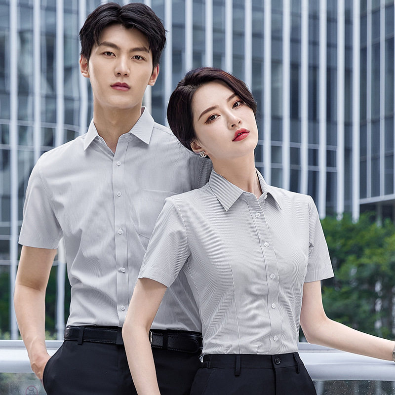 细蓝条纹男女同款衬衫短袖工作服青年上班正装职业装衬衣团购定制
