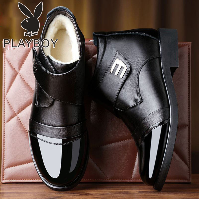 花花公子冬季男靴真皮男士商务高帮棉鞋加绒保暖短靴羊毛英伦皮靴