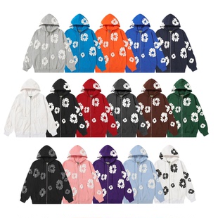 重磅DENIM TEARS木棉花发泡印花美式拉链卫衣男女连帽衫外套开衫