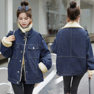 牛仔加绒外套女冬季 2025年小个子慵懒宽松派克服加厚毛绒棉衣