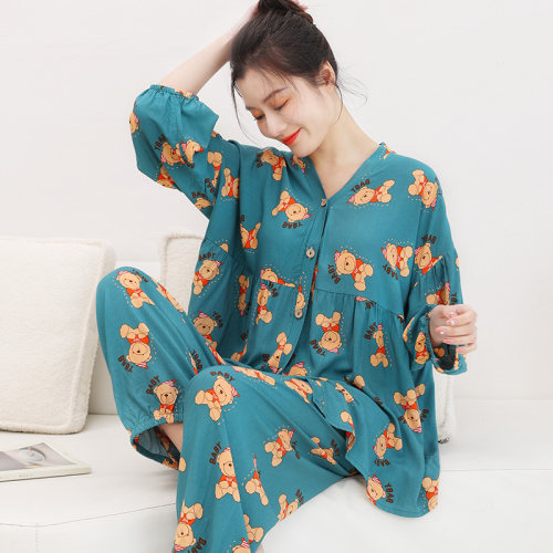 棉绸睡衣女家居服长袖开衫两件套