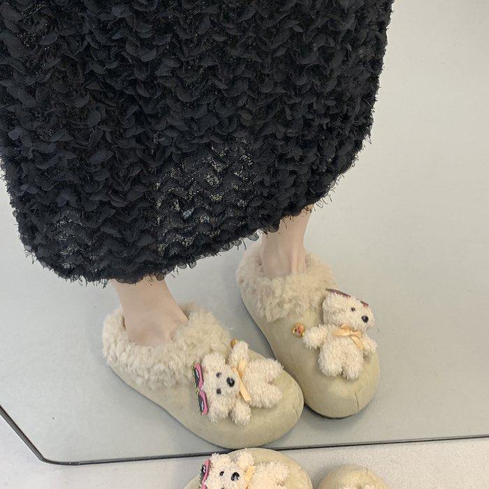 萌趣可爱个性墨镜小熊毛绒绒拖鞋女秋冬季外穿厚底防滑加绒毛毛拖
