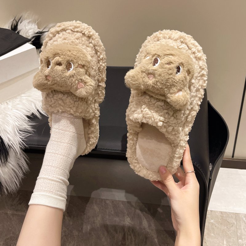 奶呼呼减龄可爱黄油小熊棉拖鞋女秋冬外穿软底舒适防滑毛绒绒拖鞋