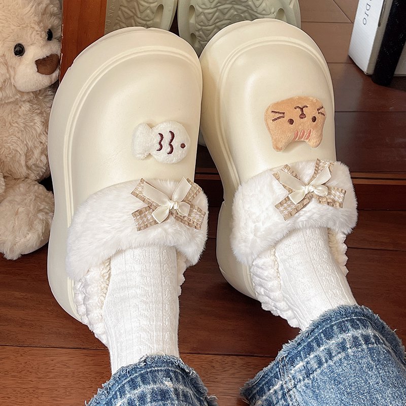 卡通可爱小猫咪加绒棉鞋女秋冬季外穿厚底增高保暖防水防滑包跟鞋