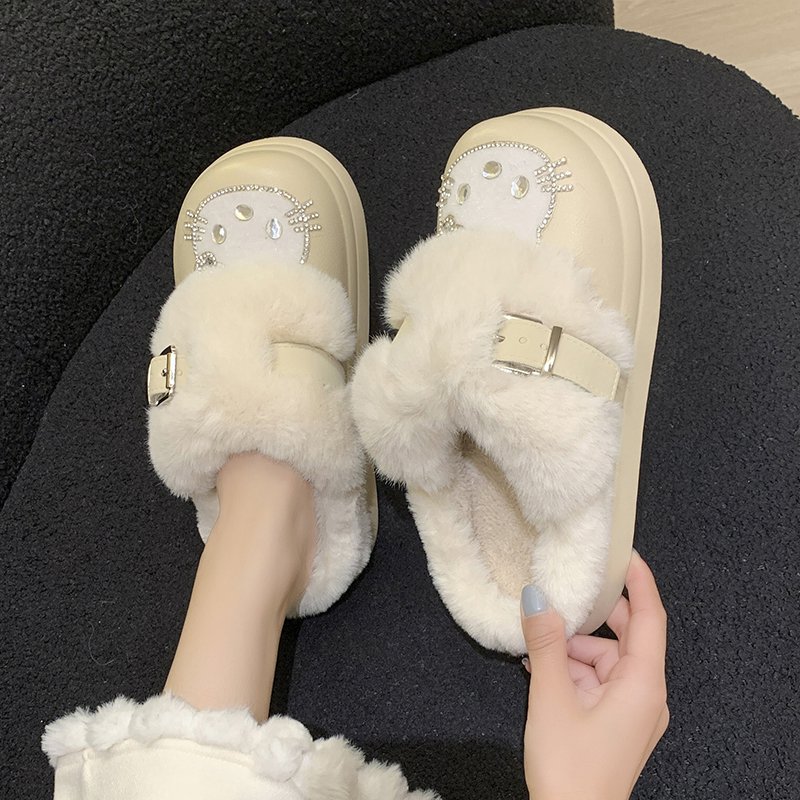 卡通可爱萌系水钻凯蒂猫加绒棉拖鞋女秋冬季外穿软厚底防滑包头拖