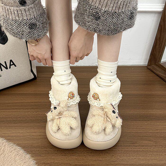 创意可爱墨镜小熊雪地靴女秋冬季外穿保暖舒适加绒软底防滑短筒靴