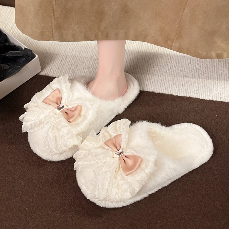 甜美气质小公主可爱蝴蝶结毛绒绒拖鞋女秋冬季居家软底加绒棉拖鞋
