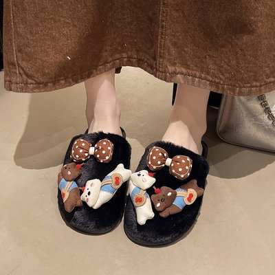 卡通可爱萌系小狗毛绒绒拖鞋女秋冬季居家软底耐脏防滑加绒棉拖鞋