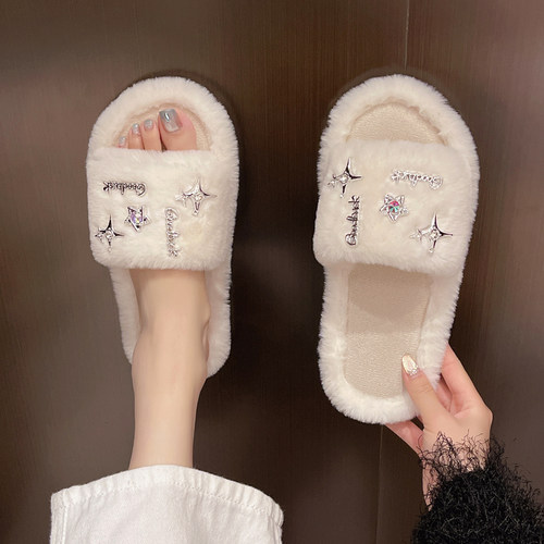 洋气时髦小星星毛绒绒拖鞋女秋冬居家百搭气质软底舒适室内毛毛拖