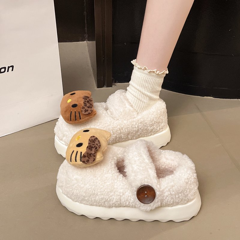 可爱奶呼呼豹纹黑皮凯蒂猫加绒棉鞋女秋冬季外穿软厚底防滑毛毛鞋