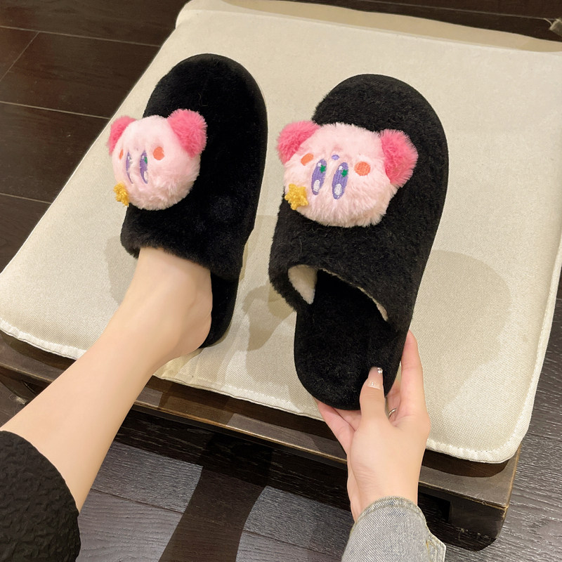 敲可爱星之卡比耐脏黑色棉拖鞋女冬季居家奶萌软底保暖毛绒绒拖鞋