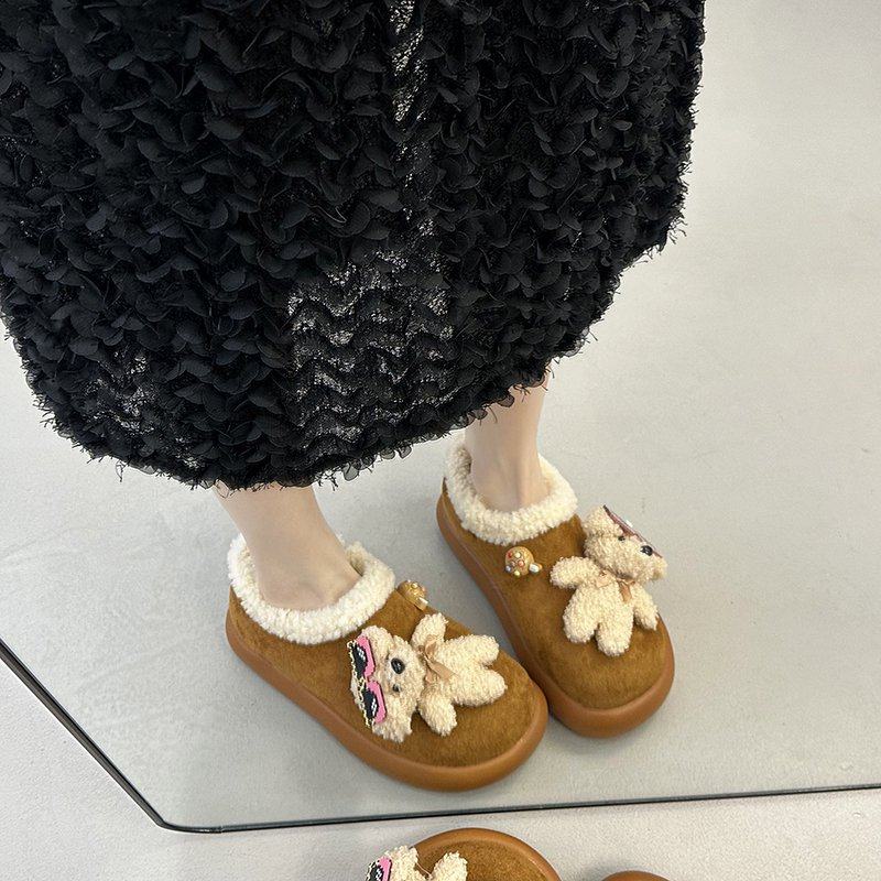 古灵精怪可爱墨镜小熊加绒棉鞋女冬季外穿保暖舒适软底防滑包跟鞋