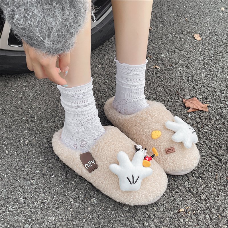 萌趣可爱个性卡通米奇毛绒绒拖鞋女秋冬季居家软底防滑舒适棉拖鞋