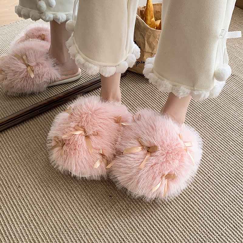 精致可爱小公主蝴蝶结大毛毛棉拖鞋女冬居家保暖加绒软底毛绒拖鞋