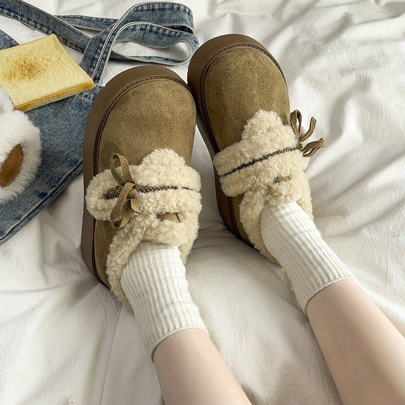 美拉德可爱气质蝴蝶结魔术贴棉鞋女冬外穿厚底增高防滑加绒勃肯鞋