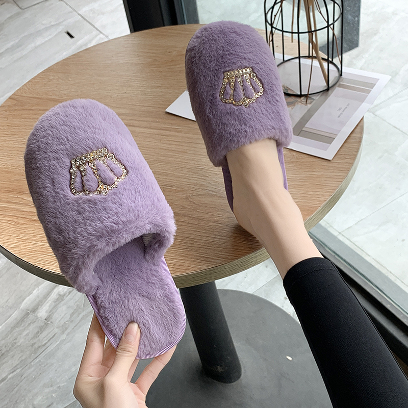 chic皇冠水钻新款拖鞋毛绒平底