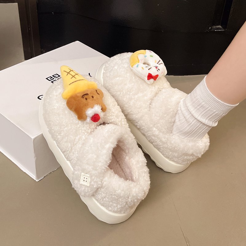 创意可爱甜甜圈加绒棉鞋女秋冬外穿软厚底防滑轻便舒适卡通毛毛鞋