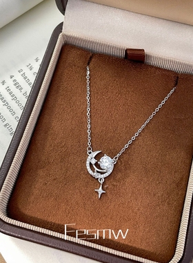 韩系S925纯银星星月亮项链女