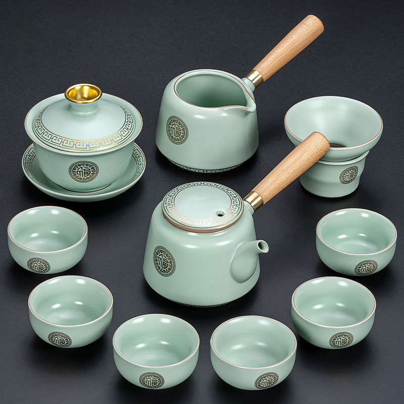 天青汝窑茶具套组高端汝瓷盖碗杯陶瓷功夫茶壶轻奢高档天青色家用