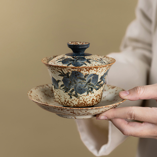 青花火石红陶瓷三才盖碗手绘高档中式功夫泡茶碗大号茶杯带盖茶具