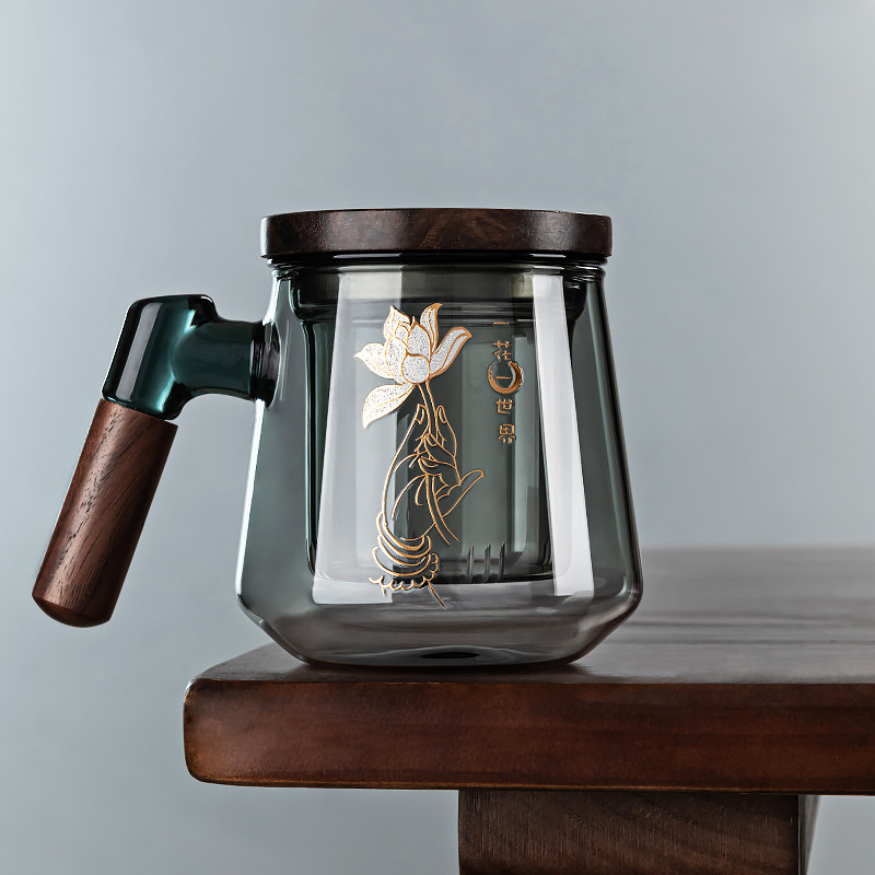 玻璃茶杯耐高温茶水分离泡茶杯带盖过滤办公室男喝水杯防烫木把手