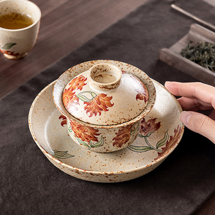 2026新款青花火石红三才盖碗茶碗单个家用高档功夫茶具泡茶碗带盖